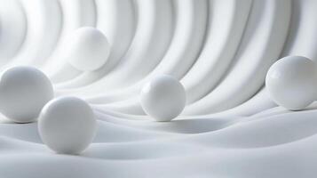 White background with a series of white spheres scattered throughout. The spheres are of varying sizes and are placed in a way that creates a sense of movement and depth. Scene is one of calmness photo