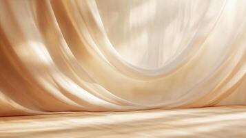 Large white curtain hangs in a room, creating a sense of openness and lightness. The curtain is draped over a wooden floor, adding a touch of warmth and texture to the space photo