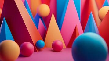 Colorful scene of balls and triangles. The balls are of different colors and sizes, and the triangles are of various sizes and orientations. The scene is vibrant and playful, with the balls photo