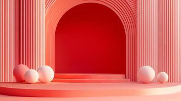 Red room with white balls and a red archway. The room is empty and the archway is the only decoration photo