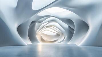 Large, white room with a curved ceiling and a long, narrow hallway. The room is empty and the hallway is lit by a single light source. The space has a minimalist feel and is open and airy photo