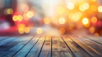 Wooden floor with a few lights in the background, creating a serene and tranquil atmosphere. The lights are scattered throughout the scene, with some closer to the foreground photo