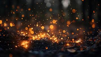 The image is a black and white photo of a fire with a lot of sparks. The fire is surrounded by a dark background, and the sparks are scattered all over the scene. Scene is intense and dramatic