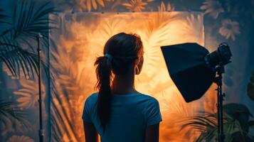 Woman is standing in front of a wall with a leafy green background. She is wearing a blue shirt and has her hair in a ponytail. The lighting in the room is dim, creating a moody atmosphere photo