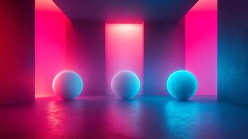 Room with three round balls in the middle of it. The balls are blue and white. The room is dimly lit and has a futuristic feel to it photo