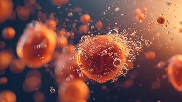 Close up of red cells with bubbles surrounding them. The bubbles are in different sizes and are scattered around the red cells photo