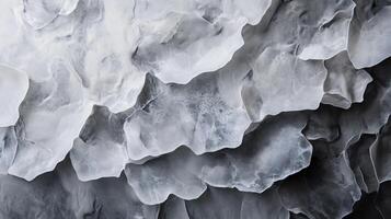 The image is a close up of a piece of ice with a lot of cracks and crevices. The ice is white and gray, and it looks like it has been broken apart. Scene is somewhat eerie and unsettling photo