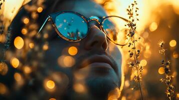 Man wearing sunglasses is standing in a field of flowers. The sun is shining brightly, casting a warm glow on the scene. The man's sunglasses reflect the light, creating a sense of depth photo
