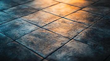 Dark blue tiled floor with a light shining on it. The light is creating a shadow on the floor photo