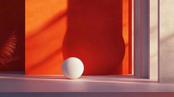 White ball is sitting on a red wall in a room with a lot of light coming in from the windows photo