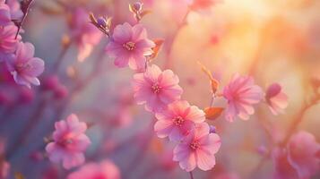 Close up of pink flowers with a bright sun in the background. The flowers are in full bloom and the sun is shining brightly, creating a warm and inviting atmosphere photo