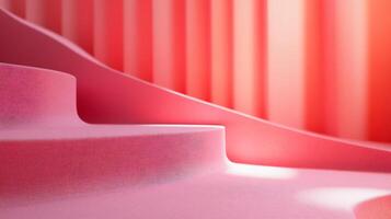 Pink staircase with a red background. The staircase is made of a material that looks like wood, but it is actually made of a different material. The image has a surreal and dreamlike quality to it photo