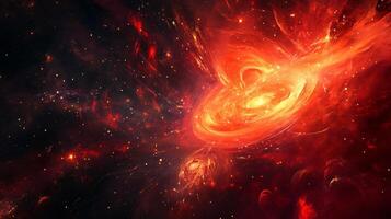 Red and orange galaxy with a spiral shape. The galaxy is filled with stars and is surrounded by a dark background. The colors of the galaxy create a sense of warmth and energy photo