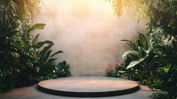 Large, round stage with a wall of greenery behind it. The stage is empty and the wall is covered in plants photo