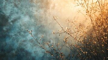 Tree with branches and leaves is shown in a blue sky. The sky is cloudy and the sun is shining through the branches photo