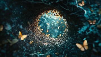 Blue and green background with a circular opening in the middle. Inside the opening, there are several butterflies flying around, creating a sense of tranquility and calmness photo