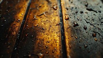 Wooden surface with raindrops on it. The raindrops are scattered all over the surface, creating a sense of movement and energy. The wood grain is visible, adding texture and depth to the scene photo