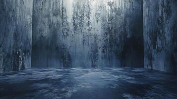 Blue room with a wall that has a lot of cracks and holes. The room is empty and has a very cold and desolate feeling photo