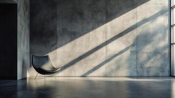 Chair is sitting in a room with a wall made of concrete. The room is empty and the chair is the only object in it photo