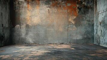 Large, empty room with a wall that is covered in graffiti. The room is bare and has a sense of emptiness photo