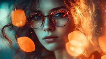 Woman with glasses is staring at the camera. The image has a warm, glowing feel to it, with the orange and yellow hues of the background adding to the overall mood photo