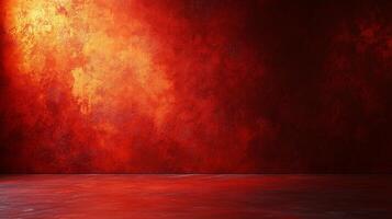 Red wall with a red background. The wall is covered in red paint and has a red and orange texture. The wall is empty and has no furniture or decorations. Scene is bold and dramatic photo