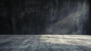Large, empty room with a wall made of concrete. The room is dark and empty, with no furniture or decorations. Scene is somber and bleak, as the room appears to be abandoned or forgotten photo