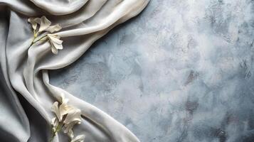 White cloth with white flowers is draped over a wall. The cloth is made of a soft, delicate material and the flowers are arranged in a way that they seem to be floating in mid-air photo