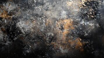 Painting of a black and white sky with a few splashes of gold. The painting is abstract and has a sense of chaos and disorder photo