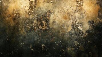 Blurry, grainy, and somewhat dark image with a lot of texture. The image is of a wall with a lot of paint splatters and a few spots of gold. Scene is somewhat chaotic and messy photo