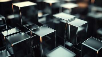 Close up of a bunch of cubes with a dark background. The cubes are all different sizes and are arranged in a way that creates a sense of depth and dimension. Scene is one of mystery and intrigue photo