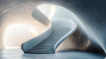 Spiral staircase is shown in a large, empty room. The staircase is made of concrete and is very tall. The room is very dark and empty, with no furniture or decorations photo