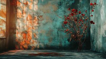 Room with a wall and a window. A plant with red flowers is in the room. The room is empty and has a moody atmosphere photo