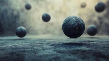 Group of small, blue spheres are floating in the air. The image has a dreamy, surreal quality to it, as if the spheres are floating in a different dimension. Scene is one of wonder and curiosity photo