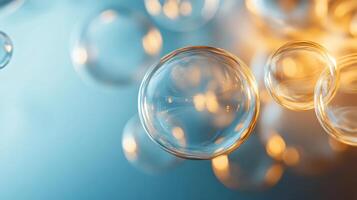 Series of clear spheres are floating in the air, creating a sense of movement and fluidity. The bright colors and the way the spheres are arranged give the impression of a dynamic photo
