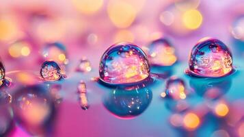 Collection of small, colorful water droplets floating on top of a blue surface. The droplets are scattered throughout the image, creating a sense of movement and fluidity photo