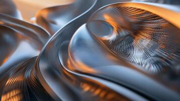 Piece of artwork with a shiny, metallic texture. The piece is abstract and has a sense of movement and fluidity. The colors are muted and the overall mood is calm and serene photo