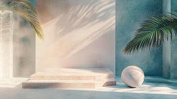 White building with a stone wall and a large stone ball in front of it. The scene is set in a tropical environment with palm trees in the background photo