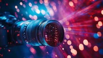 Camera lens is shown with a blurry background and a bright red and blue color scheme. Concept of motion and energy, as if the camera is capturing a fast-moving object or scene photo