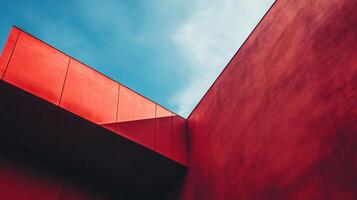 Red building with a blue sky in the background. The building is a modern design with a lot of red and blue colors photo