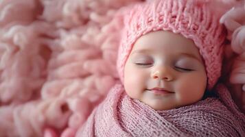 Baby is sleeping in a pink blanket with a pink hat on. The baby is smiling and he is very content photo