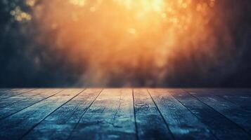 Wooden floor with a blue and orange background. The background is blurry and has a hazy look to it photo