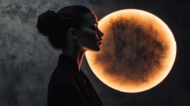 Woman is standing in front of a large orange moon. The image has a mysterious and ethereal mood, with the woman's silhouette and the glowing moon creating a sense of wonder and intrigue photo