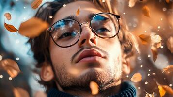 Man wearing glasses is looking at the camera. The image has a warm and inviting mood, with the man's facial expression and the autumn leaves in the background photo