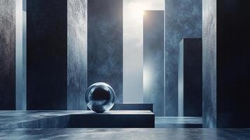Silver ball is sitting on a concrete slab in a large, empty room. The room is dark and empty, with only the ball and the slab visible. Scene is somber and quiet photo