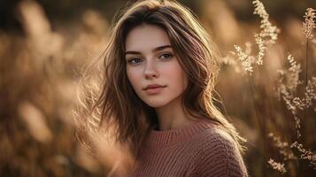 Woman with long brown hair is standing in a field of tall grass. She is wearing a pink sweater and has a serious expression on her face. The scene is peaceful and serene photo