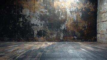 Large, empty room with a wall that is covered in graffiti and has a lot of cracks photo