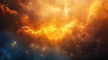 Bright orange and blue sky with a lot of stars. The sky is filled with clouds and the stars are scattered throughout. Scene is one of wonder and awe at the vastness of the universe photo