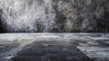 Grey and black room with a large empty space. The room is bare and empty, with no furniture or decorations. The walls are made of concrete and the floor is made of wood. The room has a cold photo