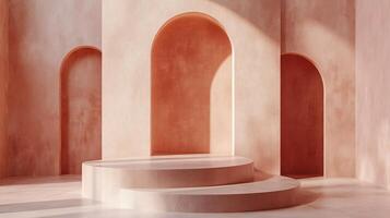 Large archway with a small archway in the middle. The archway is made of wood and is painted a light pink color. The archway is surrounded by a white wall photo